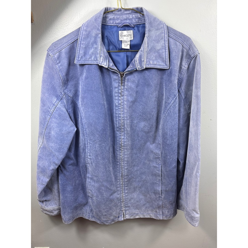 Vtg Chicos Womens Blue 100% Leather Suede Zip Front Jacket Size 3 L Periwinkle